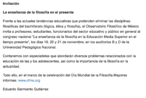 Invitación al Congreso en la UPN-Ajusco sobre La enseñanza de la filosofía en la EMS en el tiempo presente